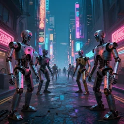 neon lit dystopian city street lined with broken robots and metal