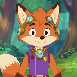 don bluth, artgerm, steampunk, clockpunk anthropomorphic fox girl, purple vest, smiling, symmetrical eyes symmetrical face, colorful animation forest background
