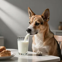 color photo, a humanoid dog drinking a glass of milk, at breakfast.