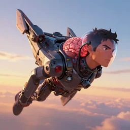 a close - up image of a man flying his brain machine interface controlled jetpack high in the sky at sunrise, artgerm, anime style, magic, fantasy, concept art, octane render, unreal engine 5, trending on artstation, trending on deviantart, highly detailed, high quality, color painting, geometrically correct, high coherence, path traced, digital art, masterpiece