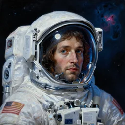 a close - up view, renaissance portrait of a future space astronaut surrounded by nebula. deep blue and pink tones. gloomy dark black background. highly detailed fantasy science fiction portrait painting by norman rockwell, moebius, frank frazetta, and syd mead. rich colors, high contrast. artstation