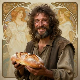 Epic portrait A happy homeless man holding loaf of bread and smilling with tears, dirty clothes, dirty face, beard, long curly hair, digital painting, artstation, concept art, soft light, hdri, smooth, sharp focus, illustration, fantasy, intricate, elegant, highly detailed, D&D, matte painting, in the style of Greg Rutkowski and Alphonse Mucha and artemisia, 8k, highly detailed, jurgens, rutkowski, bouguereau, pastoral, rustic, georgic