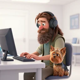 homeless man hobo with long beard and long hair sitting at his computer in a white room asylum, headphones on head, his pet dog yorkshire terrier sitting beside him, pixar style, by tristan eaton stanley artgerm and tom bagshaw.