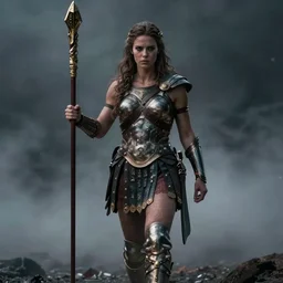 kathleen munroe as the goddess of war. movie still. sinister atmospheric lighting. highly detailed, ground mist