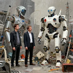 a couple of men standing next to a robot, cyberpunk art by eduardo paolozzi, cgsociety, assemblage, maximalist, cluttered, surrealist