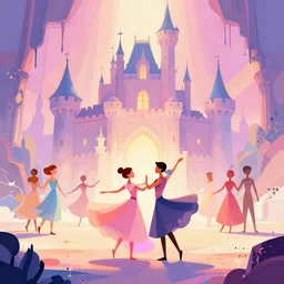 a dreamy otherworldly 3 d render of dancers inside castle, pixiv fanbox, dramatic lighting, maximalist pastel color palette, splatter paint, pixar and disney exploded - view drawing, graphic novel by fiona staples and dustin nguyen, peter elson, alan bean, wangechi mutu, clean cel shaded vector art, trending on artstation