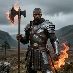 portrait photo of a brutal melanated dark skin Warrior, wearing intricate nordic steel armor, holding magical fiery battle-axe, sharp focus, highland landscape with few trees background, magical aura, heroic pose, fantasy style, octane render, volumetric lighting, 8k high definition, highly detailed, trending on ArtStation, centered