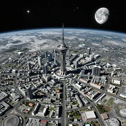 Megapolis, bird's eye view, on the moon, starry sky, sci-fi