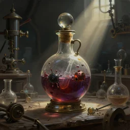 a steampunk painting of a vintage poisonous potion bottle, lit by a single ray of sunlight in a dark dusty vintage science lab, by h. r. giger, hyperrealistic fantasy art, concept matte, ethereal, dreamy, digital art, trending on artstation, volumetric cinematic lighting