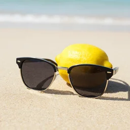 a lemon with sunglasses in the beach