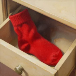 marvelous detailed painting of a red cashmere sock in a drawer