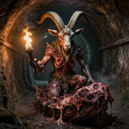 airbrush baphomet, sewage tunnels, goat face horn faced, with primitive flesh raft, of rotten flesh, syd mead, enric torres, alberto bontempi, hyper realism, narrative light, muted colors, epic, hyper detailed, awe inspiring, award winning horror, torch lighting, hyper realism, cinematical