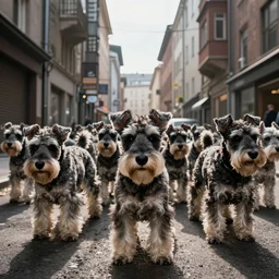 an avalanche of zwergschnauzers in the city