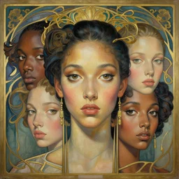 a streamline moderne, art nouveau, multi - ethnic and multi - racial portrait in the style of charlie bowater, and in the style of donato giancola, and in the style of charles dulac. clear, expressive, very large eyes. symmetry, ultrasharp focus, volumetric lighting, photorealistic digital painting, intricate, elegant, highly detailed, centered background.