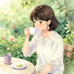 hanako tanaka drinking coffee in the garden. watercolor by the award - winning concept artist