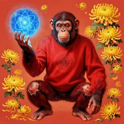 ripped physique spirit chrysanthemum shaman chakra telekinesis red artificer Chimpanzee wearing crimson sweatshirt brandishes a blue atomic orb meditation kent monkman elina brotherus jen bartel jim lambie greg rutkowski rothko tombow
