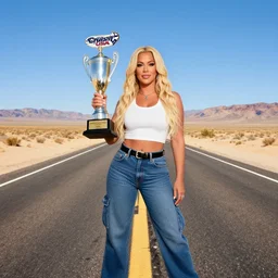 photo of Carmen Electra inside video game Cruis'n USA holding a trophy in the middle of a desert road, 90s photography