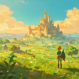 a beautiful digital matte painting of a verdant fantasy countryside, breath of the wild, hyrule, inspired by cyril rolando, david wiesner, many golden layers, orange color tone, very far royal steampunk castle, cgsociety, dappled sunlight, trending on artstation, azure sky