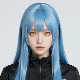 androgynous girl with sky blue straight hair, bangs, amber eyes, gold eyes, wearing a black jacket, high collar, ultra detailed, concept art, award winning photography, digital painting, cinematic, by wlop, anime key visual, closeup, pixiv, happy, yoshitaka amano, ilya kuvshinov,