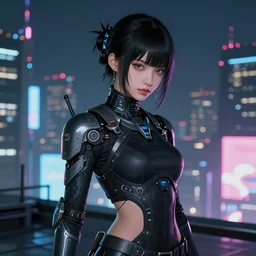 portrait futuristic Ninja Girl, in future cyberpunk tokyo rooftop , ssci-fi, fantasy, intricate, very very beautiful, elegant, neon light, highly detailed, digital painting, artstation, concept art, smooth, sharp focus, illustration, art by WLOP and tian zi and alphonse mucha