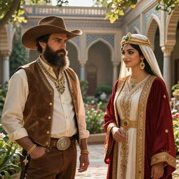 bearded cowboy and persian emir standing in a palatial garden, persian folkore illustration