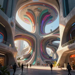 very complex sophisticated architecture, full of geometry, parametric, generative, engineering, concrete, scifi, future, algorithmic design, flow, people, street view, octane render, vray, colorful, artstation, unreal engine.