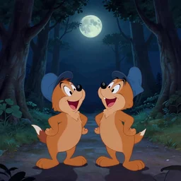 tweedle dee and tweedle dum laughing hysterically, night, road between tall trees, dense forest, dark night, moon, in style of disney cartoon