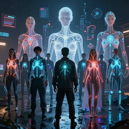 diverse groups of humans with glowing electronic body implants projecting amazing 3D graphics, from behind, rebirth, beauty, wide angle, elaborate, wet, highly detailed, colors, beautiful lighting