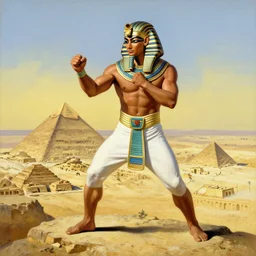 a fighting pose portrait of an egyptian style kung fu - fighter on top of a pyramid overlooking the ancient city painted by norman rockwell