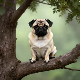 a lovecraftian pug sitting in a tree on a branch | the branch has 1 2 green leaves | illustration, very detailed, pen, ink and watercolors, drawn by brian bolland
