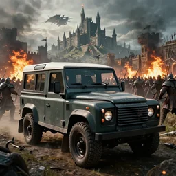 Land Rover Defender 110 (1985), an epic fantasy, dramatic lighting, cinematic, establishing shot, extremely high detail, photorealistic, cinematic lighting, artstation, by simon stalenhag, The Elder Scrolls V: Skyrim, Whiterun Hold, Dragonsreach castle in the distance, Battle for Whiterun city, Stormcloaks vs Imperials, Swarms of Stormcloaks and Imperials fighting eachother, Intense fighting, Whiterun city burning, Skyrim Civil War