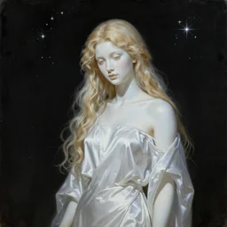 Painting of a beautiful woman under a black sky filled with stars, long blonde hair, delicate, pale milky white porcelain skin in long silky cloth, rendered in octane. 8K. Extremely detailed.