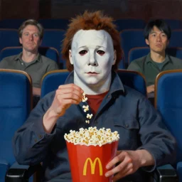 painting of Michael Myers sitting in a row of movie theater seats eating popcorn, sharp focus, face focused, trending on ArtStation, masterpiece, by Greg Rutkowski, by Ross Tran, by Fenghua Zhong, octane, soft render, oil on canvas, moody lighting, high contrast, watching funny movie, cinematic, professional environmental concept art