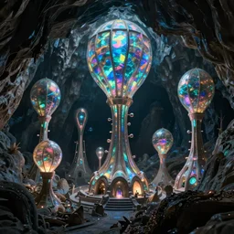 Gigantic iridescent alien structures found in the depths of an enormous dark cave. Wide shot, cinematic, 4k