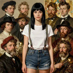 a woman with black hair and long pixie haircut in shorts with suspenders and white t-shirt drawn by michelangelo, gustave caillebotte, Alexandre Cabanel, norman rockwell, dominique ingres, maler collier, peter paul rubens, alphonse mucha, gustav klimt 4k, unreal 5, DAZ, french noveau, trending on artstation, octane render, hyperrealistic
