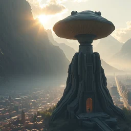 hyperdetailed digital art, enormous brutalist tower dedicated to mushroom god, concrete biopunk tower shaped like amanita muscaria, set against sunlit mountains and a huge old city, 8 k, artstation, volumetric lighting, cinematic composition, octane render, dark surrealism, highly detailed by peter mohrbacher, hajime sorayama, wayne barlowe, boris vallejo, aaron horkey, gaston bussiere, craig mullins