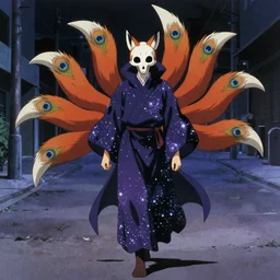 an anime about a fox with a nongraphic exposed skull, 9 peacock tails, cosmic mage robes and wandering an empty street alone at night, anime, peaceful, 8 0 s, vhs, art by yuji ikehata