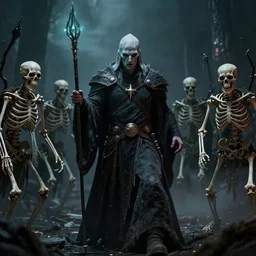 necromancer with an army of skeleton warriors, cinematic lighting, photography
