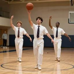 three mormon missionaries wearing ties play basketball like it\'s ballet, 25mm f/1.8 Pulitzer-winning photography