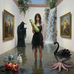 realistic painting of a flooded spanish art gallery in marbella, a tall emo girl, holding a courgette, paintings on walls, surgical equipment, pomegranates, floodwaters, squid ink, the grim reaper, waterfall from the wall, black swans, octopus, sensual, puddles, zen, surrealist, by magritte and monet