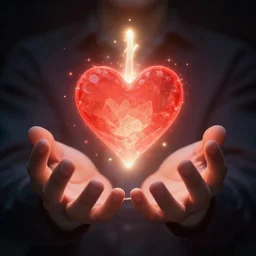 a mix of ✡❤♾ glowing and floating in between a pair of hands, epic, cinematic, mystery, fantasy.