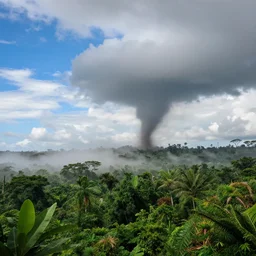 A landscape of a jungle and a tornado, a hurricane, foggy landscape, blue bright sky