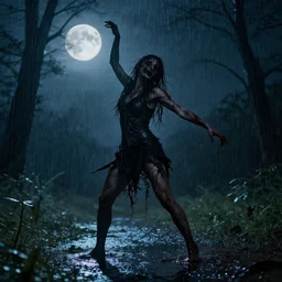 woman dancing in the rain, post apocalyptic, horror, hyperdetailed, hyperrealistic, nature, soma game art style, midnight, full moon