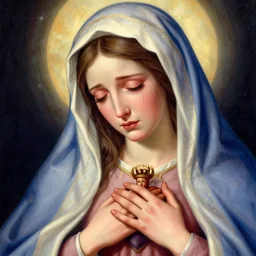 portrait of crying gorgeous young mother mary our lady of sorrows by greg hildebrandt lisa frank beautiful high detail vibrant colors long hair sacred heart