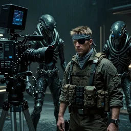 a wide angle movie still from metal gear solid and alien 5 ( 2 0 1 5 ) by neil blomkamp showing michael biehn as solid snake wearing a bandanna and eye patch, sci - fi military and supernatural horror, uneasy and uncanny atmosphere, shot on celluloid with panavision cameras, panavision lenses | 3 5 mm film negative width | anamorphic projection format |