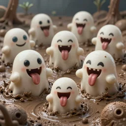 of an intricate murky clay swamp with strange cute friendly laughing ghosts with huge eyes, long tongue, square teeth and funny face appearing from the mud, in the style of craola, macro lens, shallow depth of field, highly detailed, digital painting, trending artstation, concept art, illustration, cinematic lighting, vibrant colors, photorealism, epic, octane render
