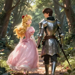 A knight and princess walk down a forest path. The princess looks back at the knight with an energetic smile and attitude. Digital art anime.