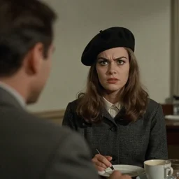 still from a masterpiece 1 9 6 0 s french art film, very beautiful and elegant girl in beret with large eyebrows sits in the far background with an angry expression, moody lighting, viewed from afar, cinematic shot, the camera is focused on her conversation with a man, color film