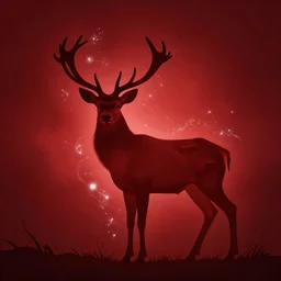 deep rich red silhouette of a deer with white glowing magic in the air around him