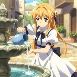 anime waifu violet evergarden dress, pouring water from vase into stone fountain. spanish ghibli alleyway. symmetrical face. symmetrical detailed defined eyes. isekai background style.